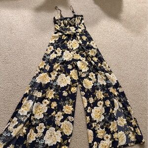 Floral Print Jumpsuit in Navy and Yellow with bow in front